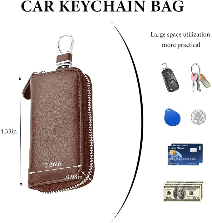 Leather Car Key Holder Bag, Unisex Key Fob Case with 6 Hooks, Zipper Closure Keychian Case Wallet for Smart Keys (Brown)