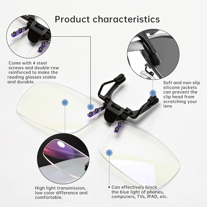 Reading Glasses Clip On and Flip Up Blue Light Blocking Magnifying Glasses Magnifiers Lenses Readers for Unisex (Transparent, 1.0)