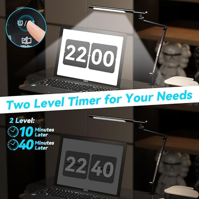 Dual Light Source LED Desk Lamp - Clamp Mount Office Table Light with Knob Remote Control, Adjustable Brightness & Color Temperature, 5 Lighting Modes for Reading, Computer, DIY