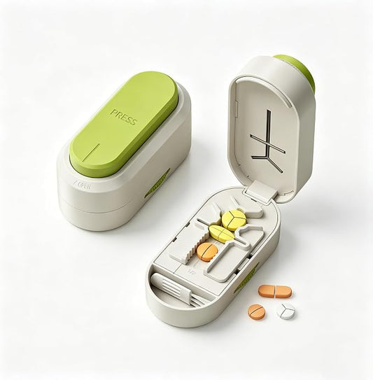 Pill Cutter Splitter for Small and Tiny Large Pills,Adjustable Pill Splitter Push-Button Cuts into 1/2, 1/3, 1/4，Comes with a Small Brush and a Medicine Storage Box (Green, Press-Cut)