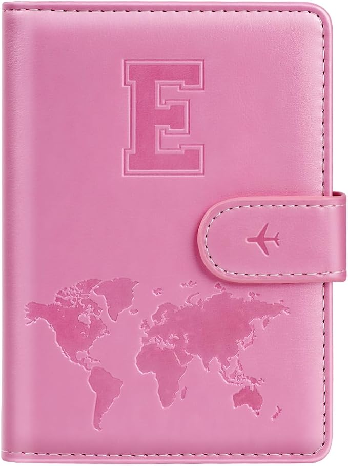 Passport Holder Cover Initial Letter A-Z Travel Wallet Personalized | Travel Essentials, Embossed Design, RFID Blocking, Personalized Gift, Passport Book Holders for Women Girls, Pink-E