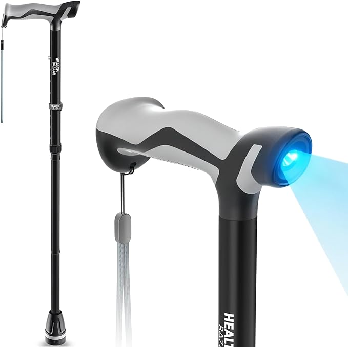 Walking Cane with LED Light, Folding Canes for Men & Women with Shock Absorption - Adjustable, Lightweight Collapsible Walking Sticks with Comfort Grip Handle, Heavy Duty All Terrain Tip