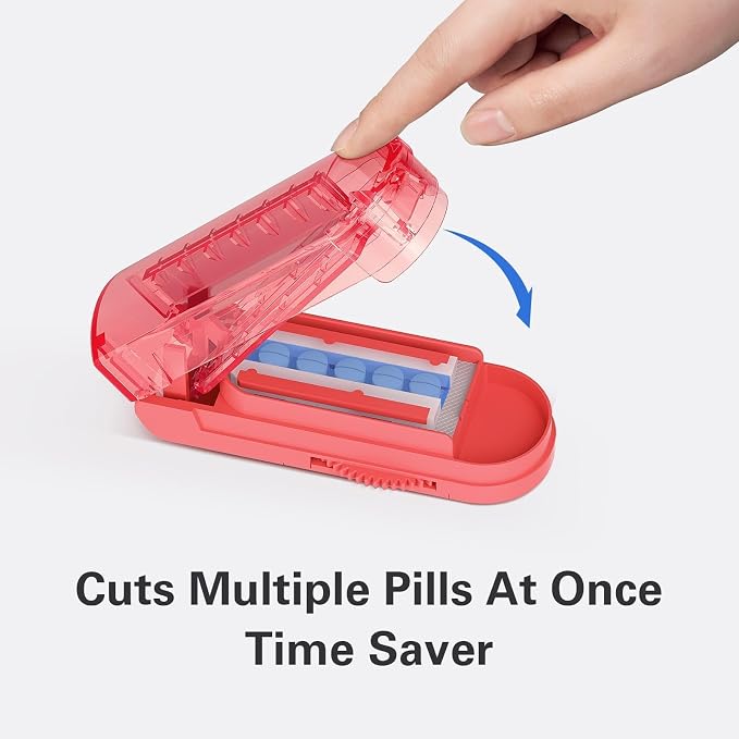 ONE PIX Multiple Pill Cutter Splitter for Small and Tiny Pills, Accurate 1/2 Tablet Splitter with Adjustable Bars & Hidden Blade, Safely Cuts Large Medication for Seniors & Pets, Red