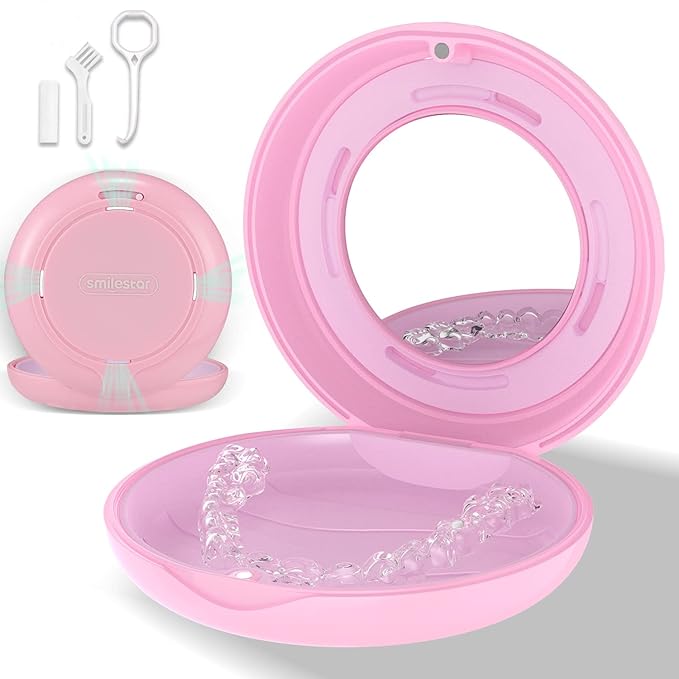 Retainer Case, Slim Aligner Case with Adjustable Vent Holes and Mirror, Compatible with Invisalign, Night Guard and Mouth Guard, Premium Retainer Case, With Aligner Remover Tool, Chew & Brush, Pink