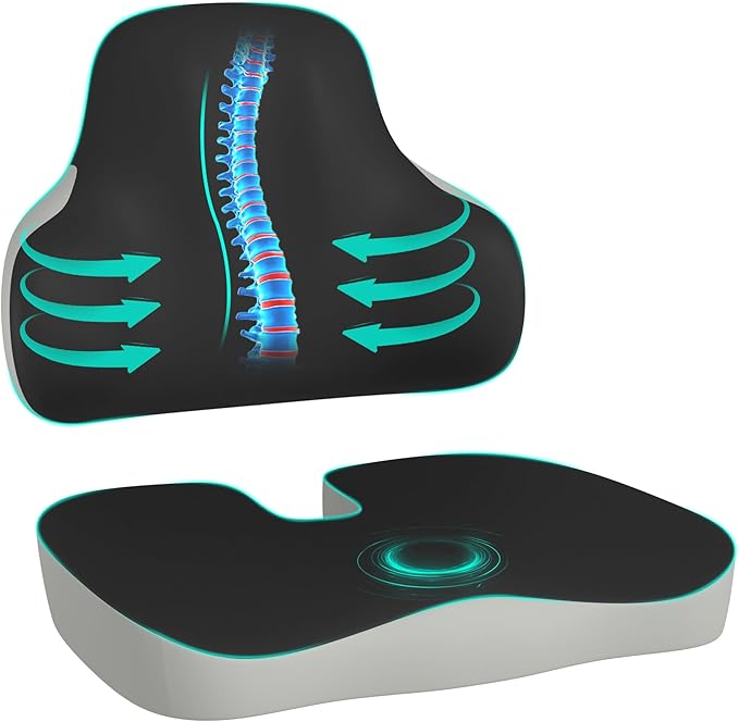 Cushion and Lumbar Support Pillow, Relief Pressure Seat Cusion for Chairs & Car Seat, Ergonomic Design Cusion for Tailbone Pain Relief, Sciatica & Back Support (Black Grey, Lumbar&Cusion)