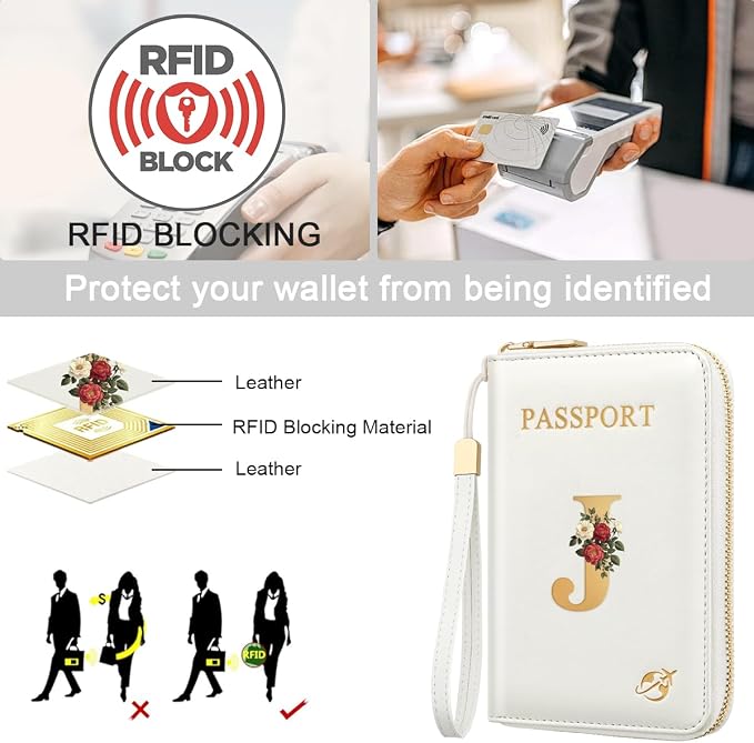 Passport Holder for Travel Personalized Wallet with Wristlet Women | All-in-One Passport Cover, RFID Blocking, Back Coin Pocket, Paper Money Slot, Zipper Closure, Roses Initial Letter, White J