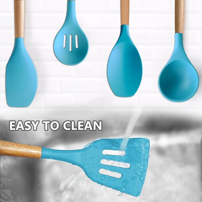 Silicone Kitchen Cooking Utensils Set, 5-Piece Non-Stick Silicone Kitchen Utensils Spatula Serving Spoons Turner Ladle Set w Wooden Handle Heat Resistant Cooking Gadgets for Nonstick Cookware