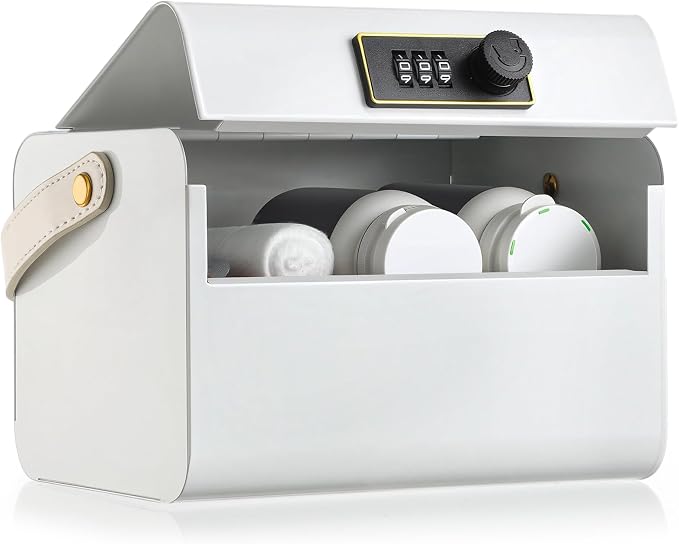 Honeydak Lock Box for Medication Metal Small Medicine Safe Pill Storage Box Portable Medicine Organizer with Combination Code and Handle for Refrigerator Fridge First Aid(White)