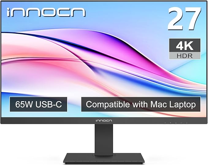 INNOCN 27 Inch 4K Monitor Computer UHD 3840 x 2160 LCD IPS Display, HDR400, USB Type C DP HDMI PC Monitor, 1.07B+ Colors, Built-in Speakers, Pivot/Height Adjustable Stand, Black