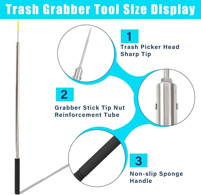 Trash Pickup Tool,48Inch Trash Picker Upper Grabber High-Duty Stainless Steels Tip Lightweight & Reinforcement Garbage Debris Nabber Litter Picker Grabber Durability Reacher Yard Stick