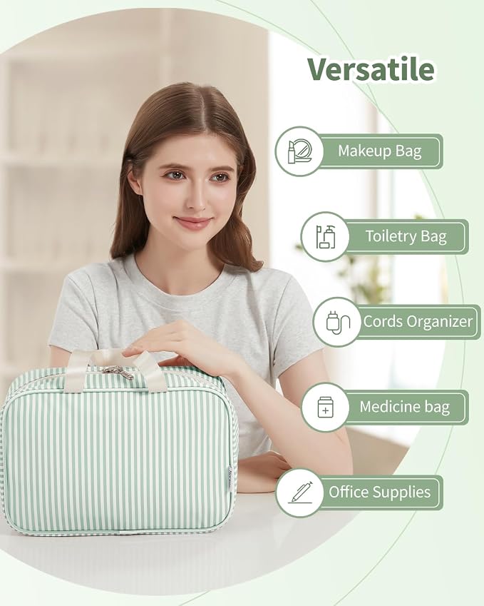 Full Size Toiletry Bag Women Large Cosmetic Bag Travel Makeup Bag Organizer Medicine Bag for Toiletries Essentials Accessories (Mint Green Stripe, Large)