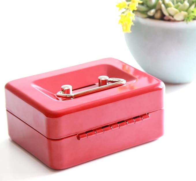 Small Cash Box with Lock and Slot - Jssmst Metal Coin Bank Piggy Bank for Adults and Kids, Red(SMCB0303N)