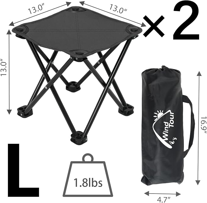 Wind Tour Portable Folding Camping Stool Outdoor Camping Lightweight Samll Chair for Fishing Hiking Gardening and Beach with Carry Bag (13.0”X13.0” Large Black -2)