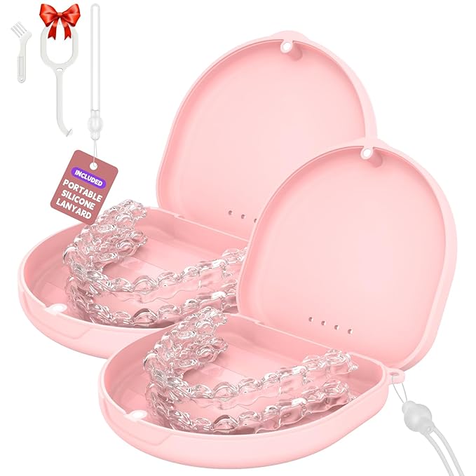 2Pack Retainer Case, Compatible with Invisalign, Slim Aligner Case with Vent Holes, Portable Orthodontic Box with Removal Tool, Brush and Lanyard, Pink