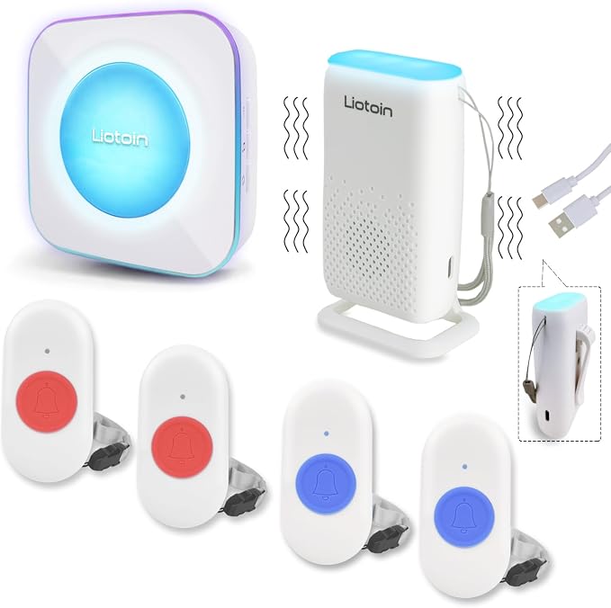 Caregiver Pager Wireless Alert System - Portable Bell for Home/Elderly/Patients/Seniors - 4 Waterproof Buttons, 1 Portable Receiver, 1 Plugin Receiver