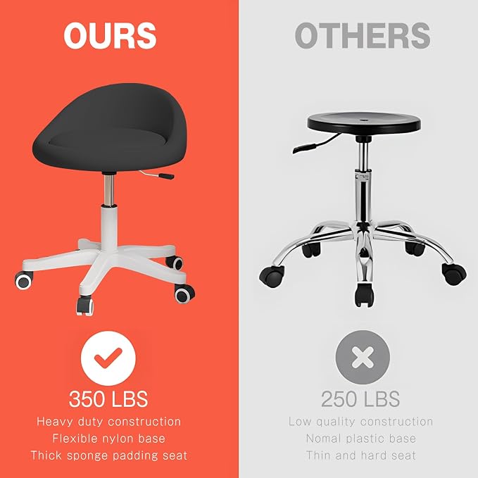 Rolling Stool – Ergonomic Swivel Seat, Adjustable Height, Ultra-Quiet Wheels, Padded PU Leather Cushion, for Salon, Office, Massage & Medical Use Black sap1