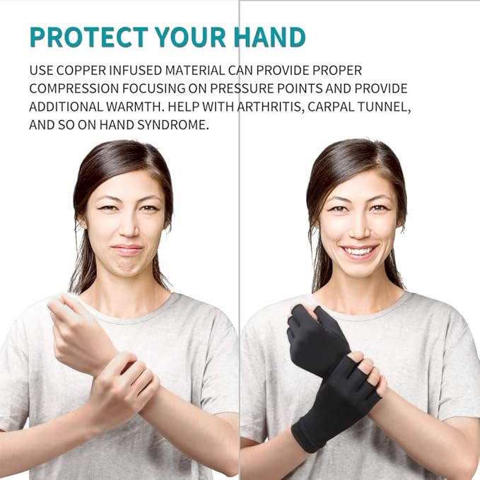 2 Pairs Copper Arthritis Gloves for Women Men, Fingerless Breathable & Moisture Wicking Arthritis Compression Gloves for Computer Typing and Dailywork of Hands joint Support (Medium)