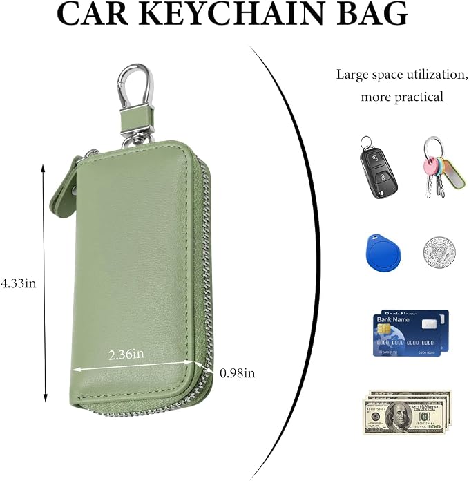 Leather Car Key Holder Bag, Unisex Key Fob Case with 6 Hooks, Zipper Closure Keychian Case Wallet for Smart Keys (Green)