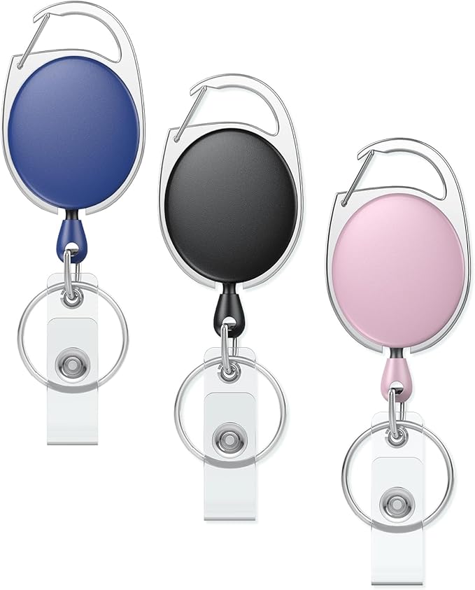 Uniclife 3 Pack Retractable Badge Reel for Badge Holder Pink Blue Black Heavy Duty Retractable Keychain ABS Casing with Stainless Steel Spring Coil 24 Inch Nylon Rope Carabiner Clip and Key Ring