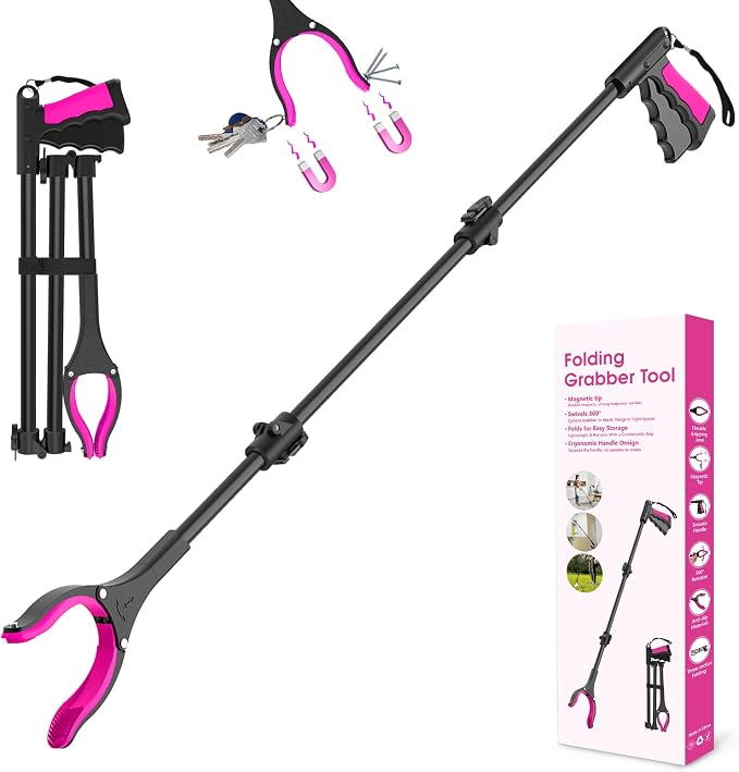 43" Foldable Grabber Reacher Pickup Tool for Seniors, Pink | 360° Rotating Jaw, Two Magnets, Extra Long Trash Picker Upper, Lightweight for Elderly, Indoor & Outdoor