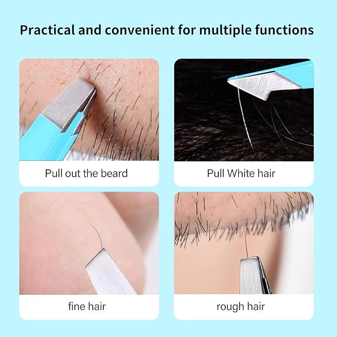 Derlaier Tweezers Set Professional High Precision Stainless Steel Eyebrow Remover Ingrown Hair & Splinter Removal Kit Facial Hair Grooming Tools for Men Women Blue 4 Pcs