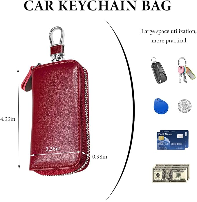 Leather Car Key Holder Bag, Unisex Key Fob Case with 6 Hooks, Zipper Closure Keychian Case Wallet for Smart Keys (Wine Red)