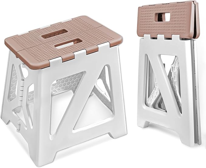 neotidy Foldable Step Stool (1 Pack), 12.9” Tall up to 300 lb Sturdy Plastic Folding Step Stool for Adults Kitchen Bathroom, Portable Small Stool Travel Foot Stool Brown