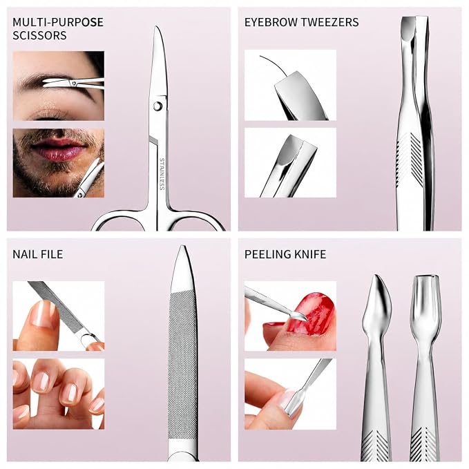 ZIZZON Nail Clippers Kit Manicure Pedicure Set with Holographic Case(Pink) | 12-Piece Set with Thicker Steel, Precision-ground Cutting Edges, and Smooth-finished Tools for Clean, Precise Trimming.