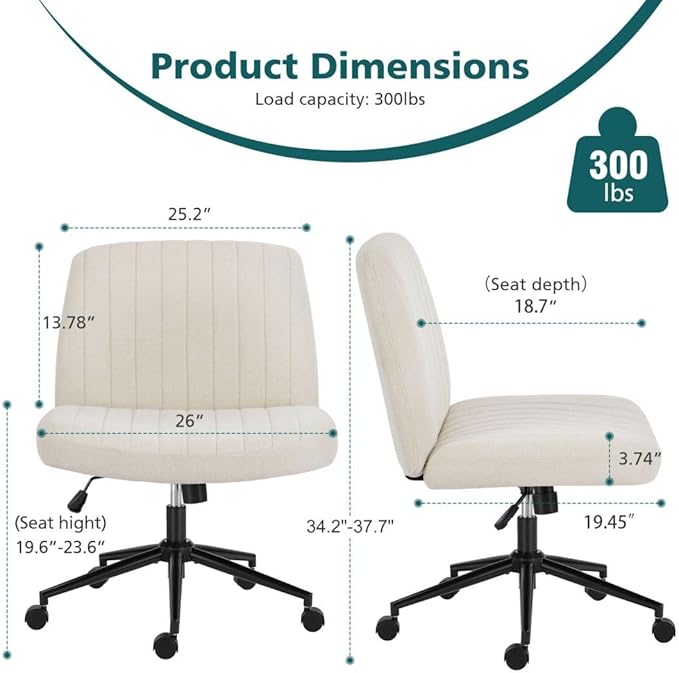 Criss Cross Chair with Wheels, Ergonomic Armless Swivel Comfy Vanity Seat, Wide Back Support and Adjustable Height for Home Office Bedroom Computer Gaming Makeup, Beige Fabric
