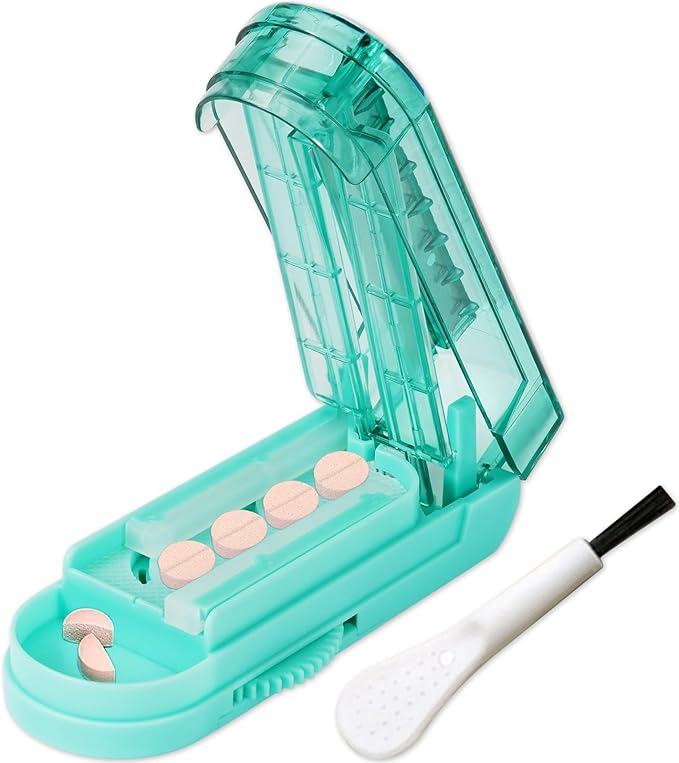 Johnbee Pill Cutter Splitter for Small and Tiny Pills. Adjustable Pill Splitter Accurately Cuts Multiple Pills at Once. Sharp Blade with Safety Guard. Non-Slip Silicone Edge (Lake Blue)