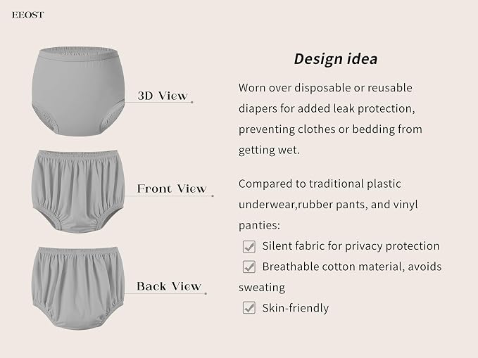 Adult Diaper Cover for Incontinence Noiseless Leak-Protection Underwear Plastic Pants Over Diapers Waterproof Rubber Pants (Gray, 3X-Large)