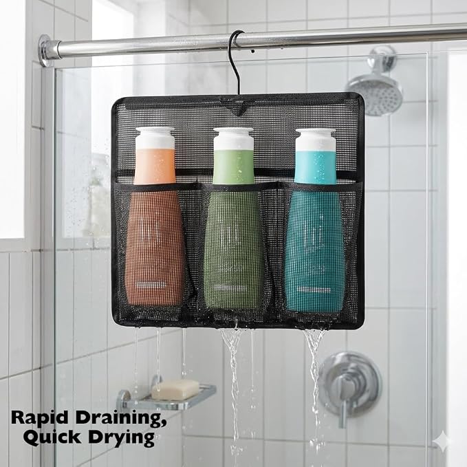 ALYER Mesh Shower Organizer,Shower Caddy with Rotating Detachable Metal Hanger, Quick Dry Bathroom Storage for Toiletry Accessories, Portable Shower Bag for RV,Dorm,Gym and Travel (White)