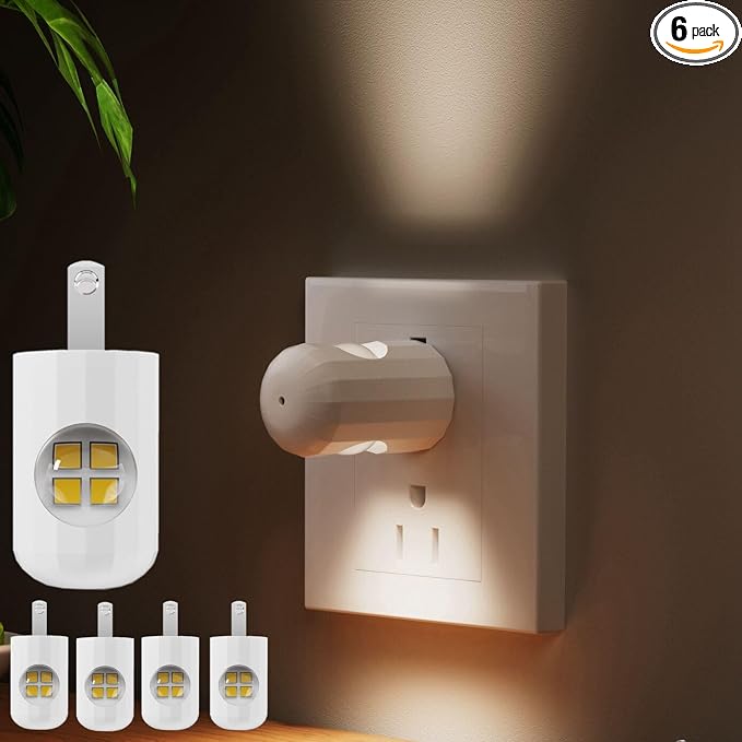 6 Pack Mini LED Night Light Plug in Wall - Dusk to Dawn Auto On/Off, 3000K Soft White 100 Lumen, 360° Adjustable Lighting for Bedroom, Bathroom, Stairs, Kids Room, Hallway