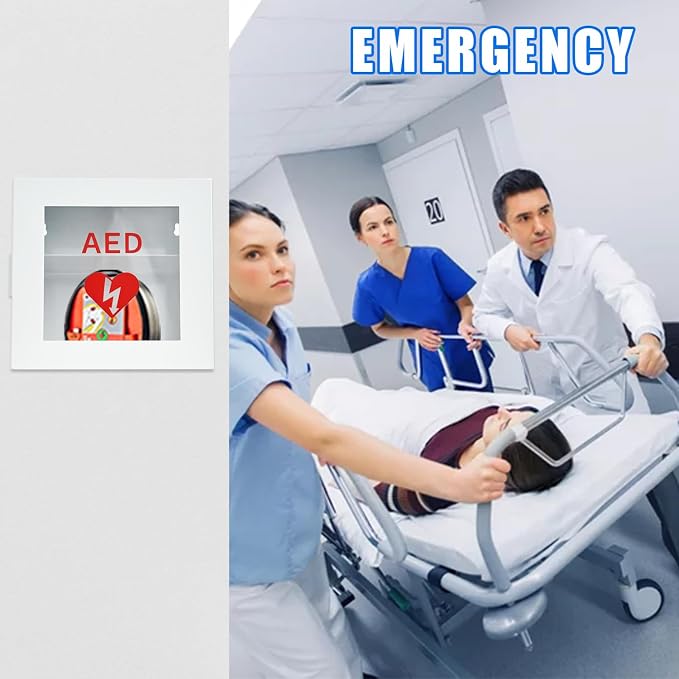 Wall Mounted AED Storage Cabinet, Steel AED Defibrillator Cabinet with Clear Viewing Window, Non-Alarmed Emergency AED Holder for Offices, Schools, Gyms & Public Spaces, White
