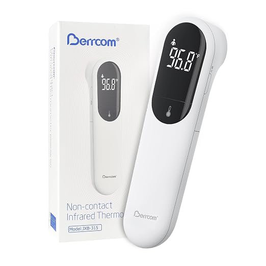 Berrcom Dual Probe No Touch Forehead Thermometer Fever Alarm All Ages | Fast reading digital thermometer with LED screen & fever alarm, no-touch dual probe design for all family members