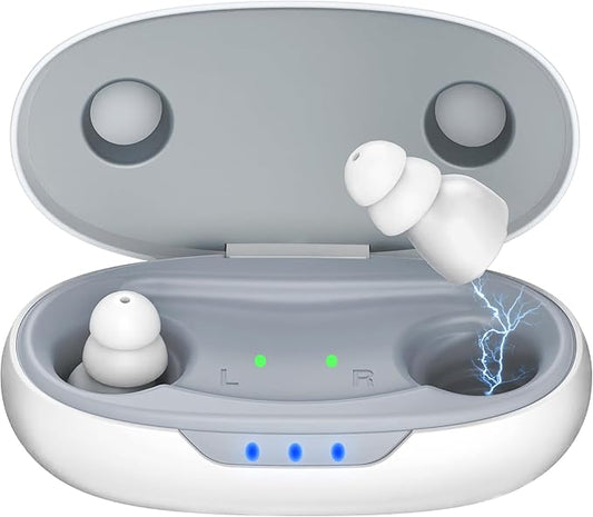 OTC Hearing Aids for Seniors - Hearing Aids with Digital Chips, Supermini Rechargeable Hearing Amplifiers Invisible with 16-Channel Sound Processing 3 Volume and 80H Wireless Charging Case (White)