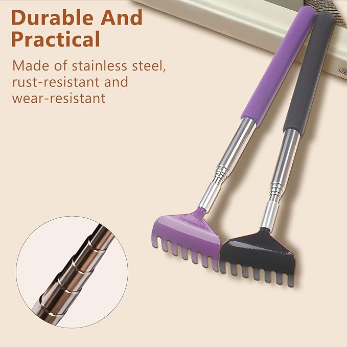 3-Piece Portable Extendable Back Scratcher Set, Telescopic Back Scratchers for Women and Men, Stainless Steel Body Massagers with Rubber Grips