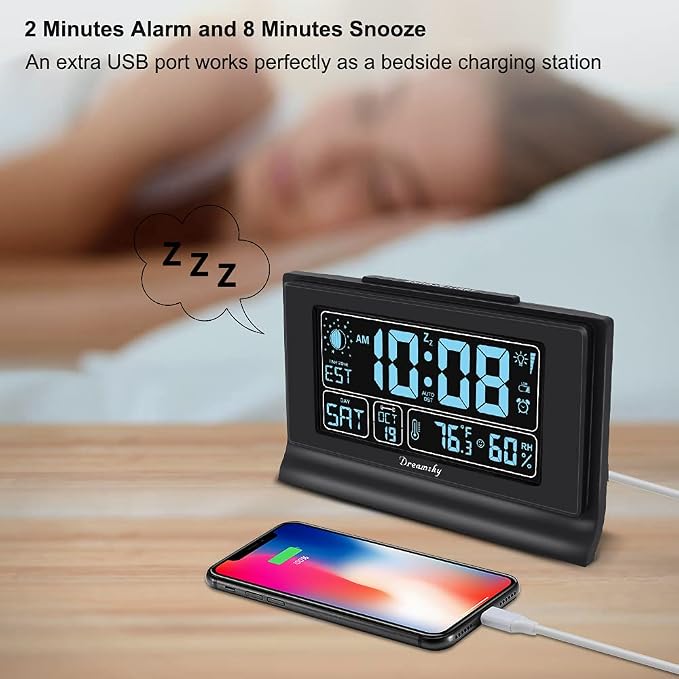 DreamSky Alarm Clocks for Bedrooms with Battery Backup, Auto Set | Digital Clock with Date and Day of Week, Indoor Temperature Humidity, Moon Phase, Dimmer, Auto DST, USB Port