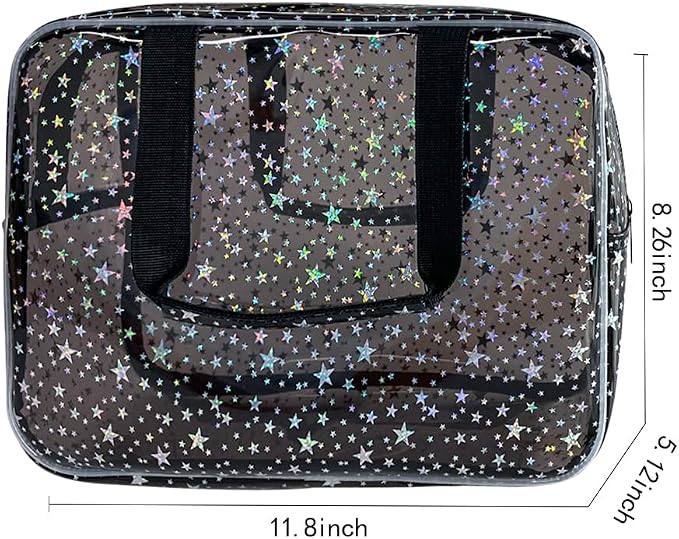 Black Holographic Star Cosmetic Bag for Women 11.8x5.1x8.2 Inches Portable Travel Toiletry Bag with Handles,Durable PVC Material,Zipper Design-Ideal Large Clear Makeup Organizer