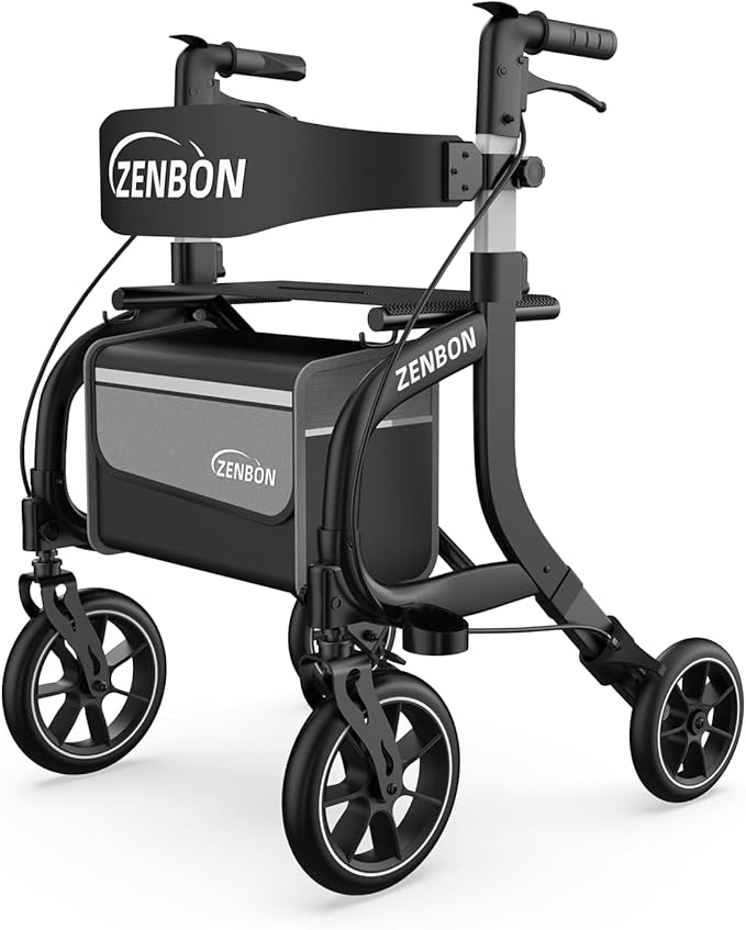 Rollator Walker for Seniors/Adults Foldable Rolling Walker with Seat 330 lbs Capacity 10 inch Wheels Hand Grips Adjustable Height Lightweight Durable Aluminum Walker Removable Back Support (Black)