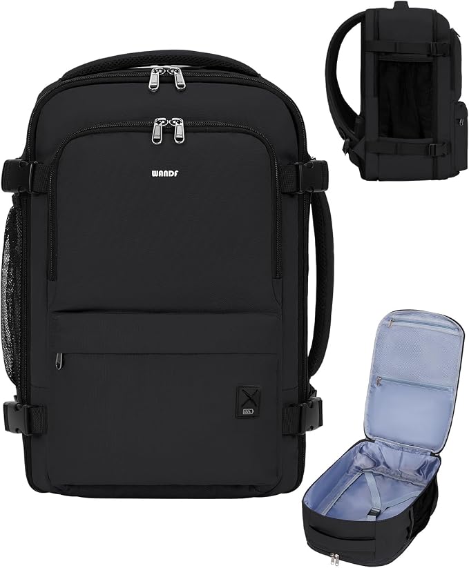 WANDF Personal Item Travel Bag, Small Travel Backpack 17x10x9 for United Airlines, 15.6" Laptop Backpack for Men Women (Black)