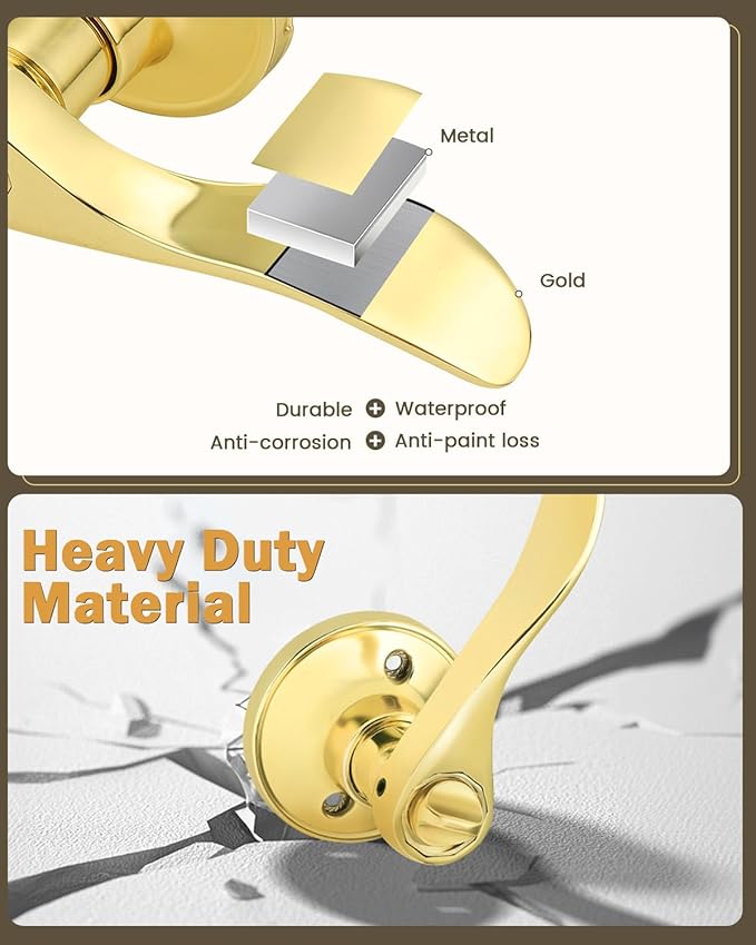8 Pack Polished Brass Interior Door Handles Drop Privacy Door Levers Lockset for Bed and Bath,Keyless Door Locks with Classic Rond Rosette