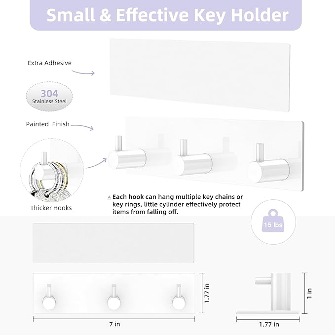 VIS'V Key Holder Wall Mount, Small Adhesive Key Hanger with 3 Hooks, White | Metal Material, No Drilling, Extra Adhesive Strip, Suitable for Entryway, Hallway, Doorway, Kitchen, Garage, Camper