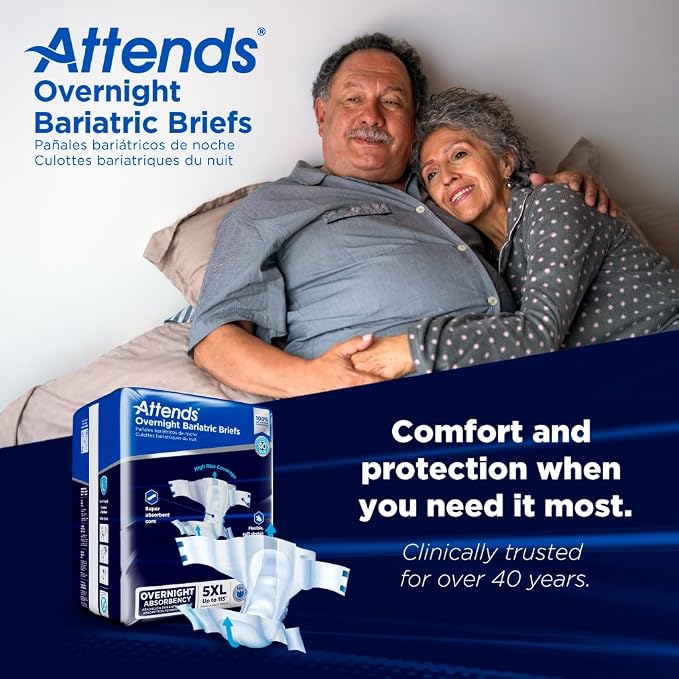 Attends Bariatric Incontinence Disposable Briefs, 5X-Large, Up to 115" Waist with Tab Closures, Ultimate Absorbency, Dry-Lock Containment Core and ConfidenceCuff Leakage Protection, 5XL 8ct Bag