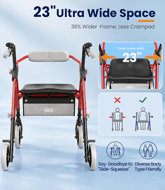VOCIC Z11 Rollator Walkers for Seniors with Seat, 500 LBS Load, Ultra Wide | High-capacity support, 23" wide frame, ergonomic seat, dual brakes, and slim fold for home, shopping & daily walks, Red