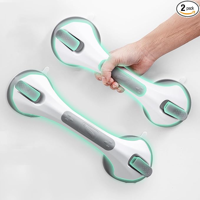 Grab Bars for Bathtubs and Showers 2 Pack Glow in The Dark, 12 inch Suction Grab Bar, Shower Handle Safety Grip Handrail for Seniors and Elderly, Removable Waterproof No Drilling, Grey