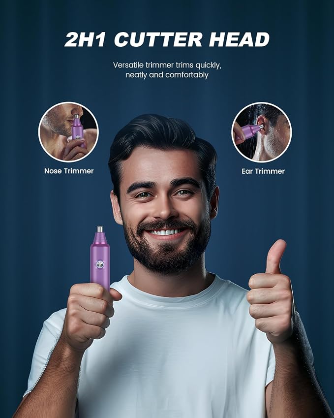 Ear and Nose Hair Trimmer for Men and Women, Painless USB Rechargeable Electric Facial & Eyebrow Hair Remover with LED Display, Dual-Edge Blades for Smooth,13000 RPM Motor IPX7 Waterproof (Purple)