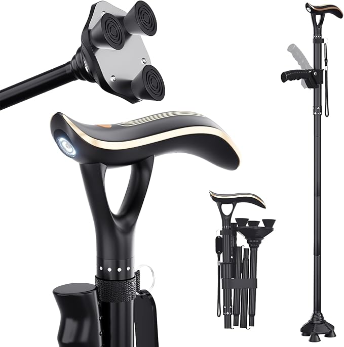 Hold 440 lbs Walking Cane for Seniors Aluminum Alloy Lightweight Height Adjustable Walking Stick Heavy Duty Foldbale Free Standing Cane with LED for Men and Women Adults