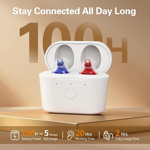 Hearing Aids for Seniors Rechargeable, Hearing Amplifier for Adults with Whistle Noise Cancellation, Virtually Invisible Compact Design, 16-Channel Clear Sound Quality (Red and Blue)