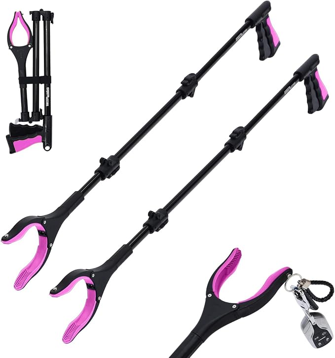38" Extra Long Grabber Reacher Tool – 2 Pack Foldable Reacher Grabber Pickup Tools with 360° Rotating Jaw & Magnet - Heavy Duty Pick Up Grabbers for Seniors, Trash, Surgery Recovery (Pink Pink)